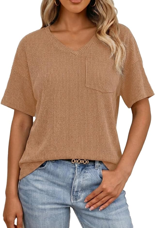 Detalle de GLEENOD Damen Kurzarm‑T‑Shirt mit V‑Ausschnitt und Tasche – Oversize Sommeroberteil für Alltag & Büro