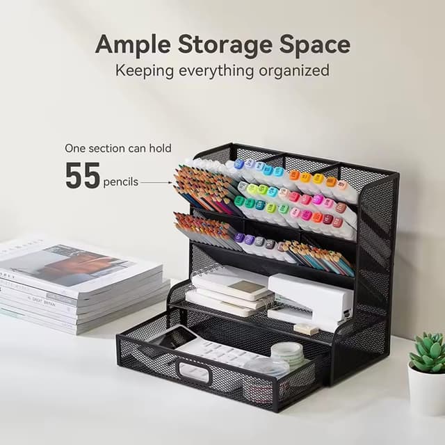Detalle 2 de Vikmyer Mesh Desk Organiser with Drawer – 9-compartment pen holder for home office, school and study