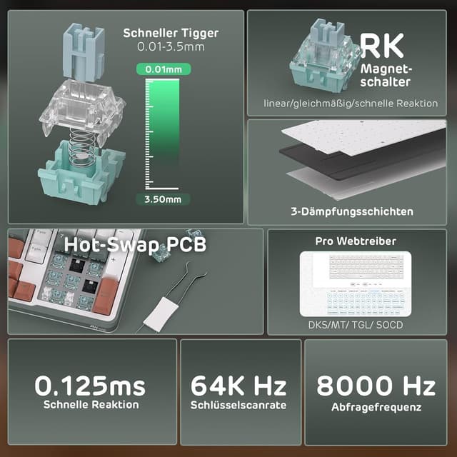 Detalle de RK ROYAL KLUDGE C98 DE HE mechanische Gaming-Tastatur (Hall-Effekt, Hot-Swap, QWERTZ) mit Rapid Trigger