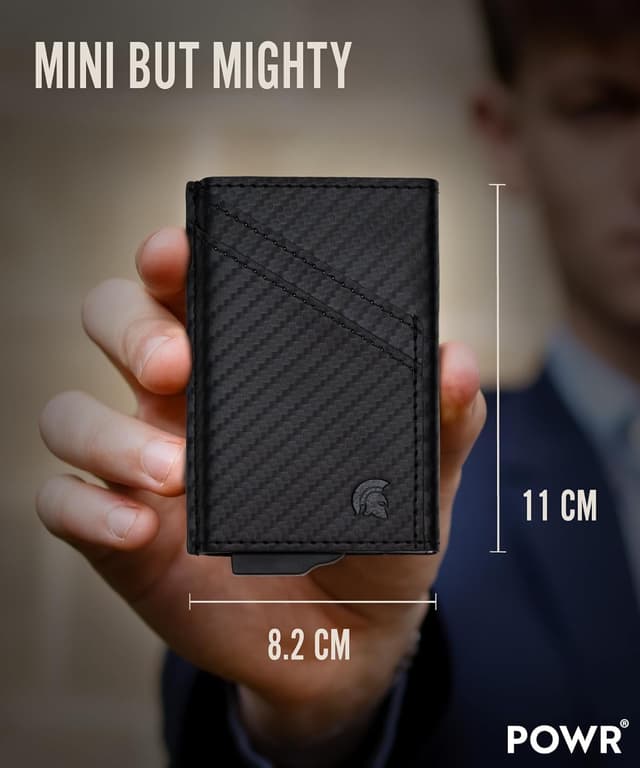 Detalle de POWR porta carte RFID in metallo slim: mini wallet con blocco doppio e espulsione pop-up