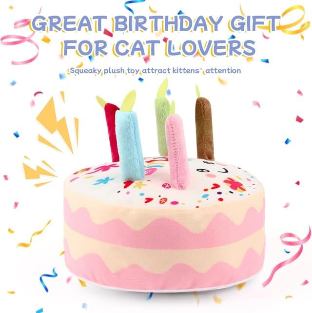 Detalle de La Desire Katzen Geburtstag Outfit Set (Bandana & Hut, 0–9 Zahlen) inkl. Plüsch-Torte und hängendem Katzenspielzeug mit Katzenminze – Rosa