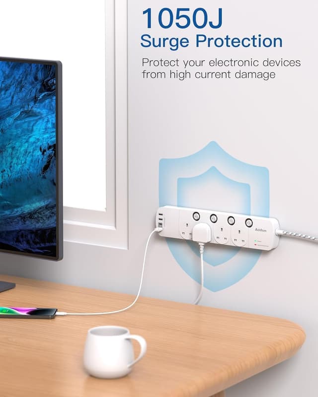 Detalle 2 de 4-Way Extension Lead 1.8m with 4 USB and Surge Protector 🔌