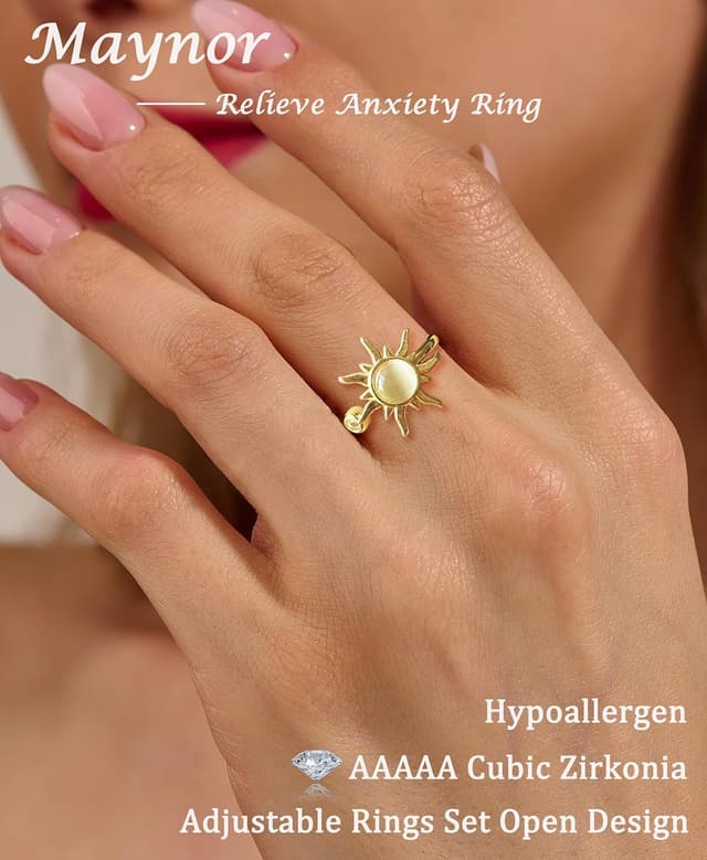 Detalle de Maynor Anxiety Ring für Damen – verstellbarer Zirkonia-Blumen & Sonnen Stressspinner-Ring