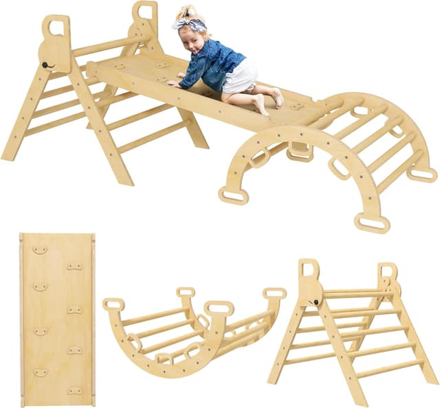 Detalle de AIYAPLAY Triangle d’escalade enfants 5 en 1 (triangle, arche basculante, rampe réversible, toboggan, bascule) jusqu’à 50 kg