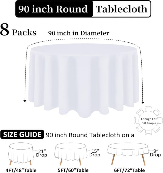Detalle de Heneger 8-Pack White Round Tablecloth (90-Inch) – Stain & Wrinkle Resistant Polyester