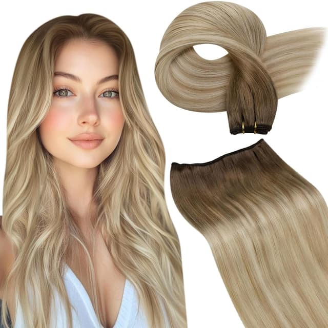 Detalle de LaaVoo Extensions Tressen Echthaar Ombre Braun (Remy) – Sew-in/Weft Haarverlängerung zum Einnähen, 100 g, 50 cm