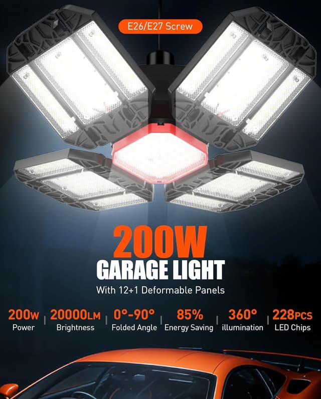 Detalle 2 de 200W LED Garage Light 1 Pack (20000LM, 6500K) with 12 Adjustable Panels for E26/E27 Bays