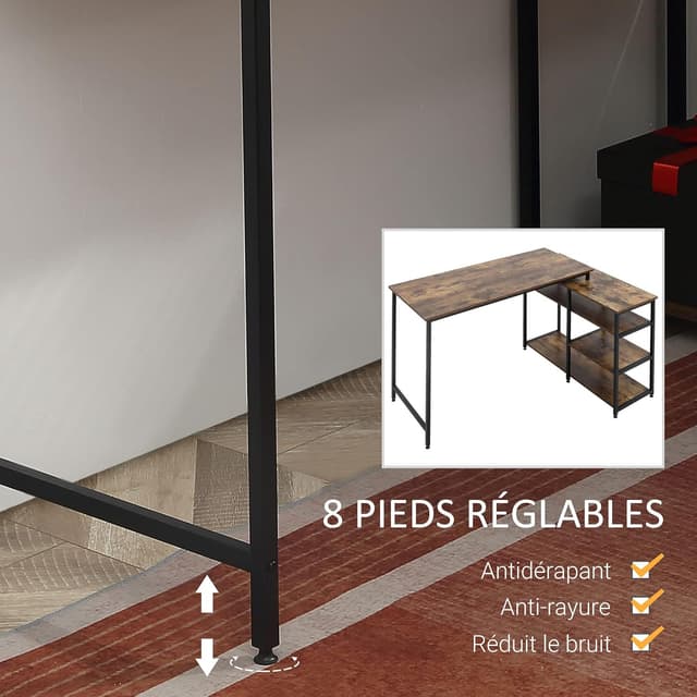 Detalle 2 de HOMCOM Bureau d’angle design industriel avec 3 étagères, panneaux imitation vieux bois et métal noir