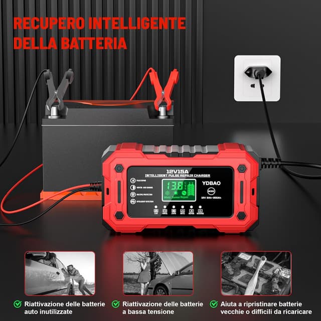 Detalle de YDBAO 15A caricabatteria auto 12V automatico con display LCD e compensazione temperatura