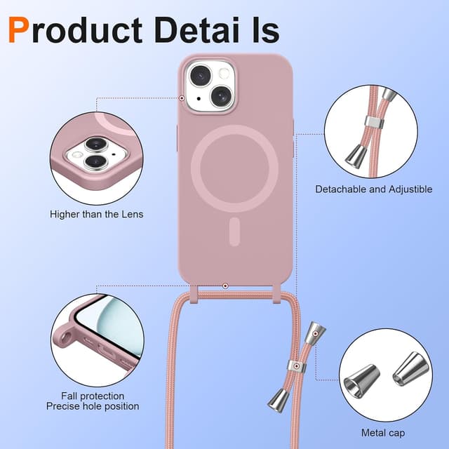 Detalle 2 de Custodia magnetica Coiwxmoi per iPhone 15 Plus con cordino regolabile e compatibilità MagSafe, rosa
