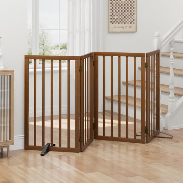 Detalle de Algherohein Tall Dog Gates for Doorways – Foldable Freestanding 4-Panel Indoor Puppy Gate (Walnut)