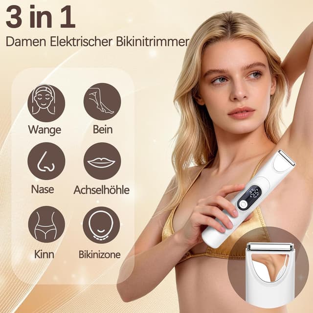 Detalle 2 de ROOFEI Rasoir Électrique Femme 3 en 1 : tondeuse intime, jambes, bras et visage rechargeable IPX7
