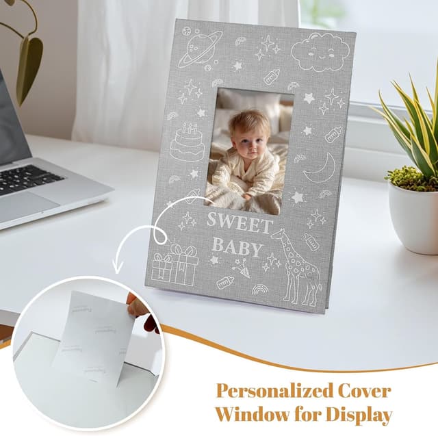 Detalle de EARLY MINDS Baby-Fotoalbum 10x15 mit 300 Taschen, Memo-Bereich & Hand- und Fußabdruck-Kit (Leinenabdeckung, Frontfenster, grau)