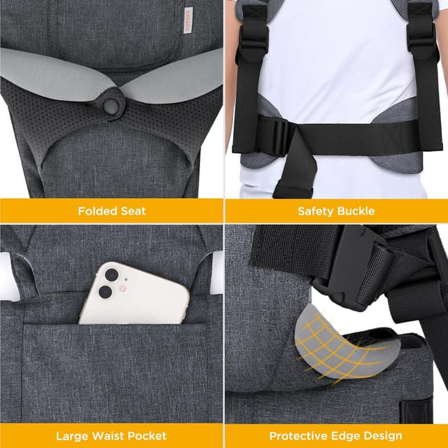 Detalle de GAGAKU Babytrage für Babys & Kleinkinder (4–36 Monate) – Schwarz/Dunkelgrau mit 4 Tragepositionen