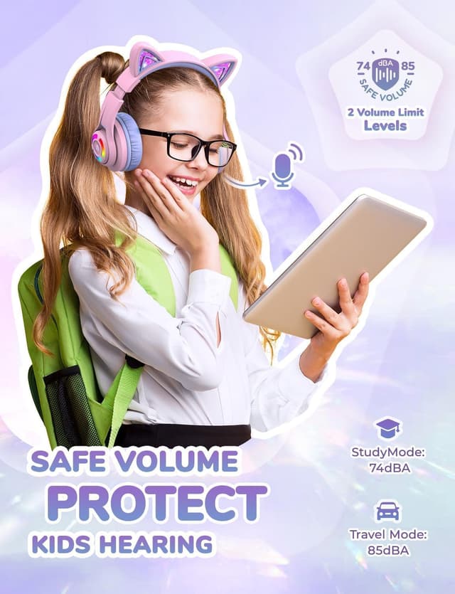 Detalle de iClever Kids BTH13 Bluetooth Cat Ear LED Headphones (wireless + 3.5mm, volume limiting, mic)