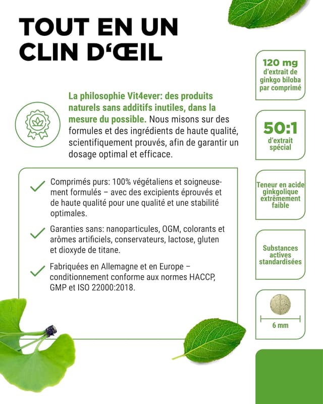 Detalle de Vit4ever Ginkgo Biloba 6000 mg – Extrait premium, 365 comprimés (vegan)