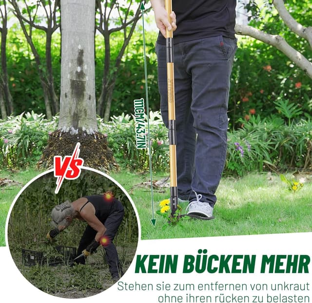 Detalle 2 de Ormalla Unkrautstecher mit 1,1 m Stiel – Löwenzahn-Entferner mit Bambusgriff und 4 Metallkrallen