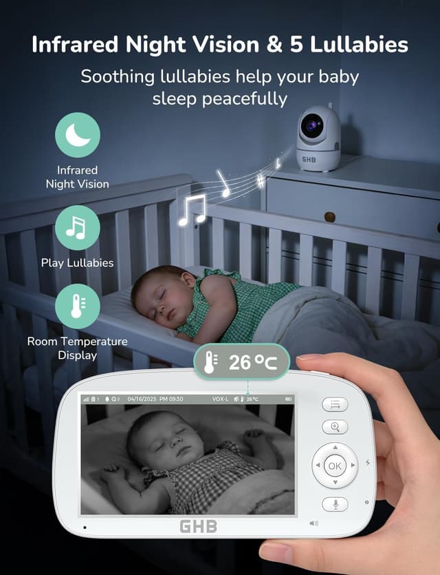 Detalle de GHB Baby Monitor with Camera and Night Vision, 5-inch Screen, 2-way Audio & VOX – Temperature Sensor, 4x Zoom