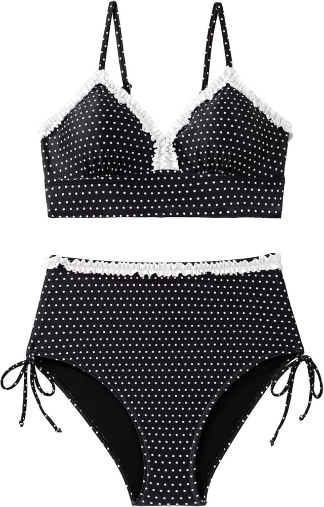 Detalle de Herseas Women’s Splice Ruffle Trim Tie-Side High-Waisted Bikini Set