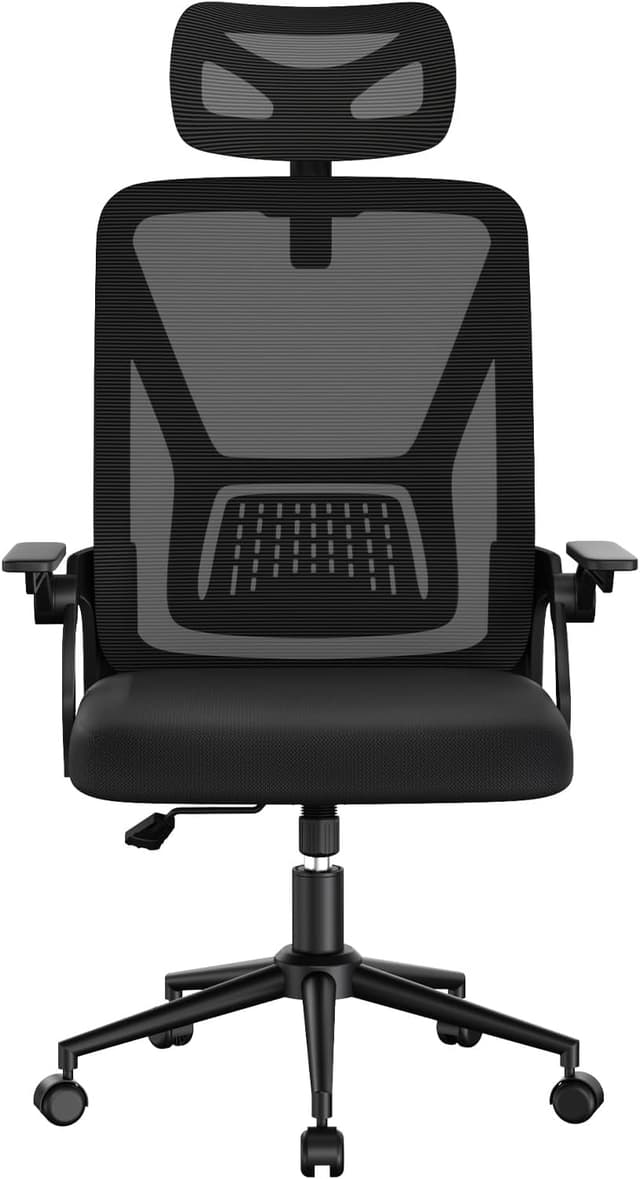 Detalle de naspaluro Ergonomischer Bürostuhl mit 90° klappbaren Armlehnen, Mesh-Polster und verstellbarer Kopfstütze (Schwarz)