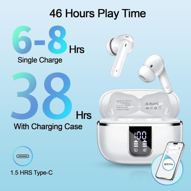 Detalle de OWMSIC 2026 New Wireless Earbuds (Bluetooth 5.4) with Noise Cancelling Mic and IPX7, 46H in-Ear – White