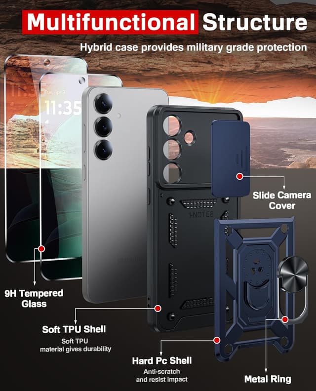 Detalle de LeYi rugged phone case for Samsung Galaxy S25 Edge with sliding camera cover, ring stand and 2 screen protectors (Blue)