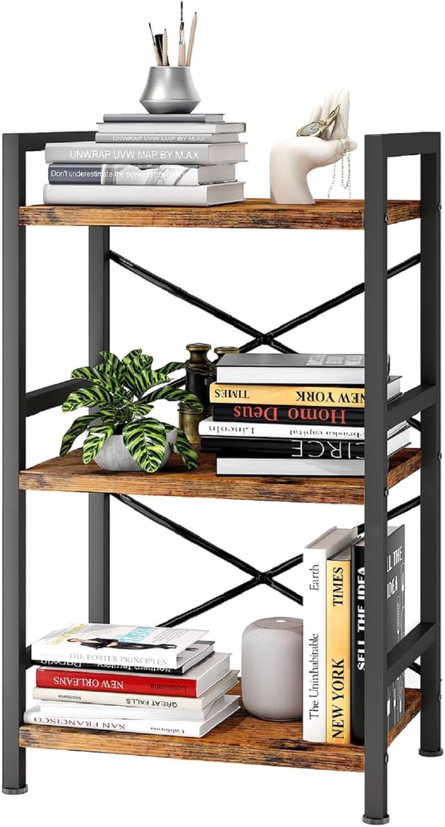 Detalle de Homeiju 3-Tier Industrial Metal Bookshelf (Rustic Brown) — Compact etagere for home office, bedroom, and living room