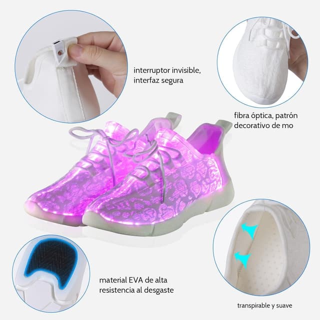 Detalle de Shinmax Chaussures LED lumineuses rechargeables USB – baskets à fibre optique unisexes (7 couleurs, 4 modes)
