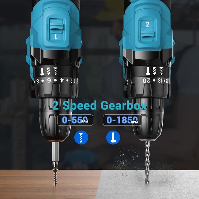 Detalle de LEEIKOO 21V Brushless Cordless Hammer Drill/Driver with 2 x 2.0Ah Batteries, 45N.m Combi Mode