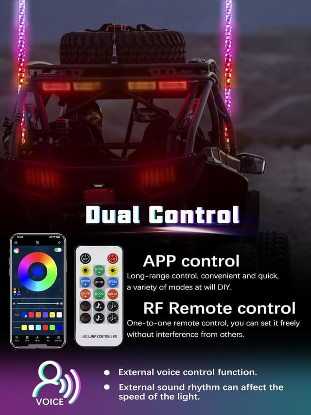 Detalle de UNI-SHINE 2PCS 3FT LED Whip Lights w/ Spring Base, APP & RF Remote Control (RGB Chasing) for 12V UTV/ATV/RZR