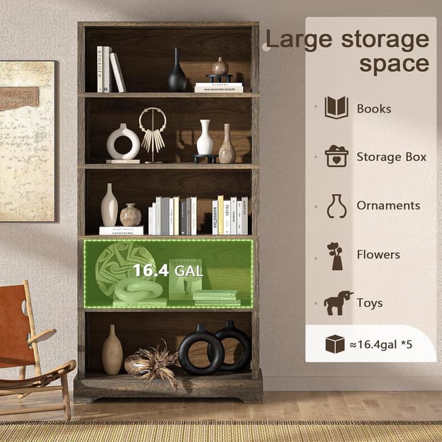 Detalle de TVU 5-Tier Solid Wood Book Shelf (Walnut) — Floor-Standing 65" Farmhouse Bookcase