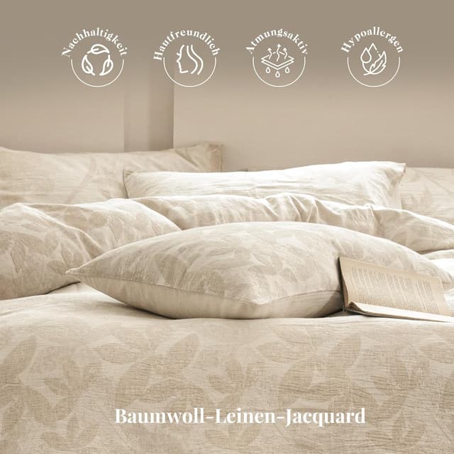 Detalle de SOULFUL Leinen-Bettwäsche 155x220 (Jacquard, Boho Leaves) mit Kissenbezug 80x80, Öko-Tex 100