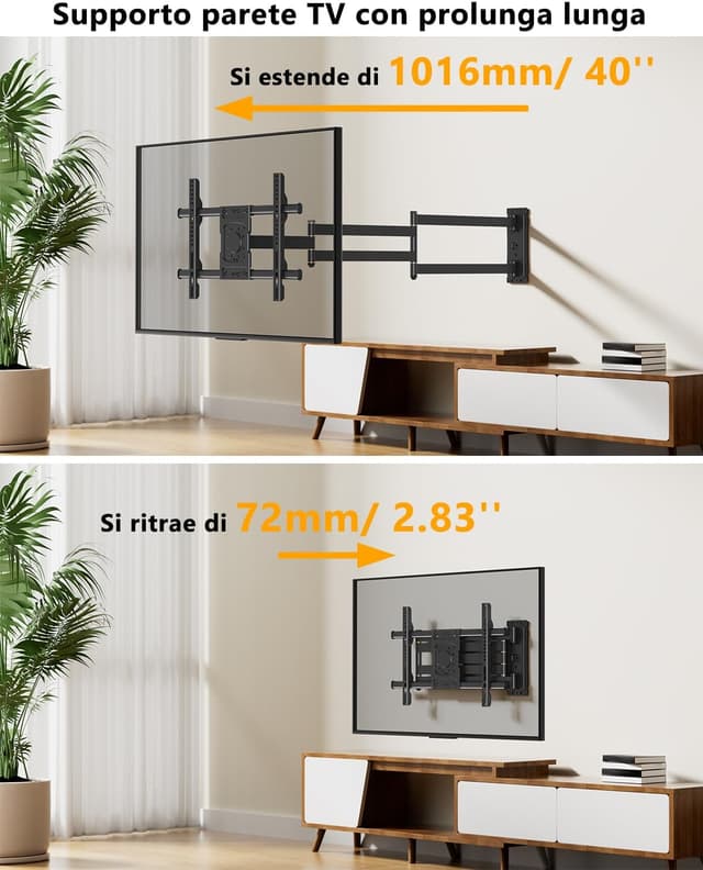 Detalle 2 de WHYFONE Supporto TV a parete con braccio extra lungo 1016 mm fino a 45 kg, girevole e inclinabile 37–75