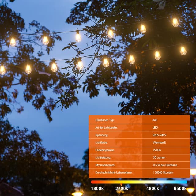 Thumbnail 6 de Kawaya LED-Lichterkette für außen IP65, 15 m mit dimmbaren A45 Glühbirnen (2700 K) und 25+2 Leuchtmitteln