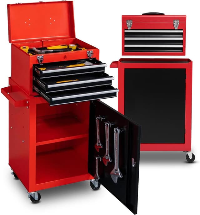 Detalle de DAIMANN carrello porta attrezzi professionale con 3 cassetti scorrevoli e armadietto con serratura (rosso)