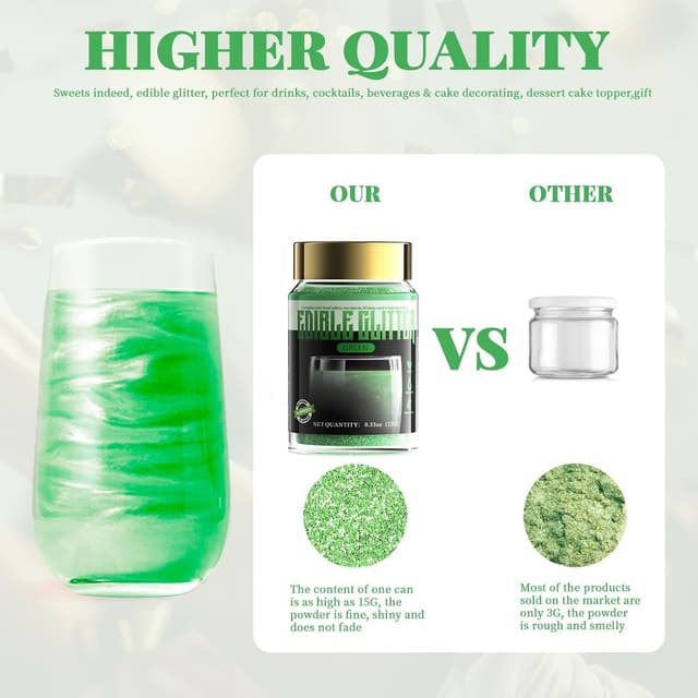 Detalle de ANRZO Paillettes comestibles Premium vert (15 g) pour gâteaux, cupcakes et boissons