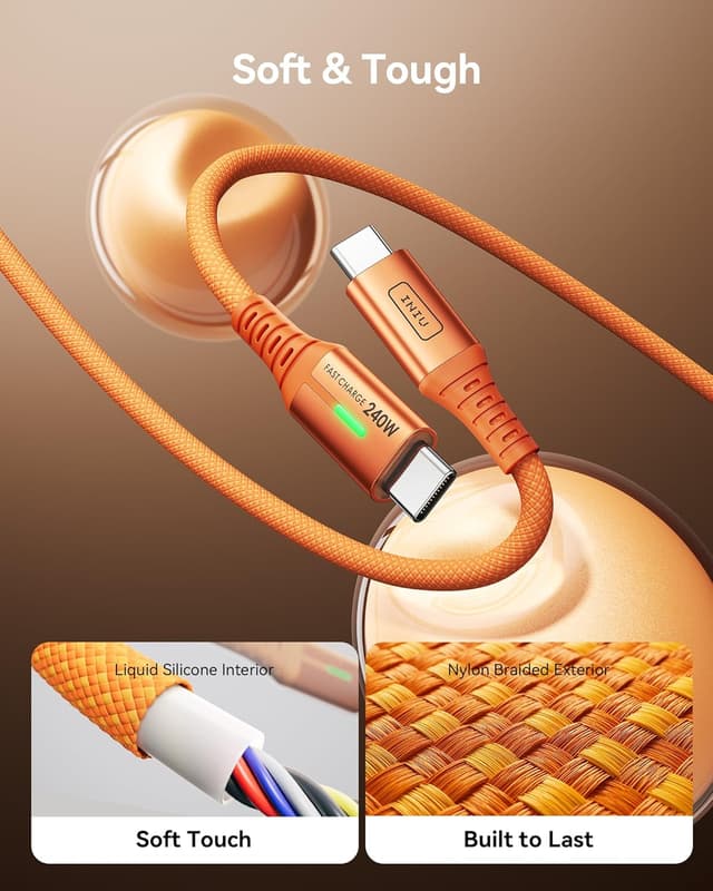 Detalle de INIU 240W USB‑C auf USB‑C Kabel (2er-Set, Orange, 2 m) mit PD zum Schnellladen