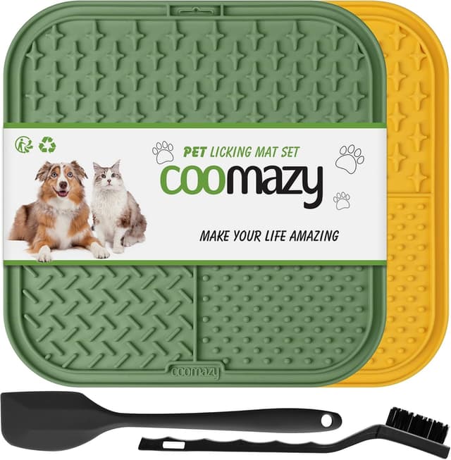 Detalle de Coomazy Leckmatte für Hunde (2er Set) mit Silikonspatel und Bürste – Slow Feeder Leckmatte zur Fellpflege & Beruhigung