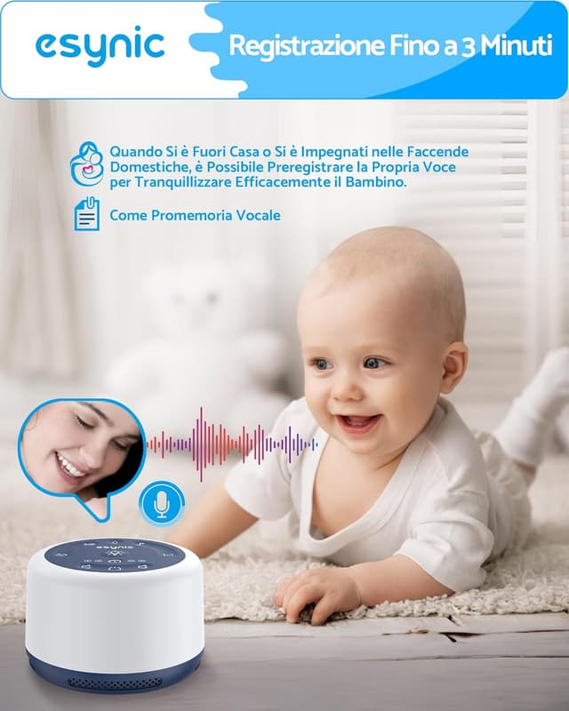 Detalle de ESYNiC Rumore Bianco per Neonato con Luce Notturna, 30 Suoni e Timer (ricaricabile, registrazione vocale) - Blu