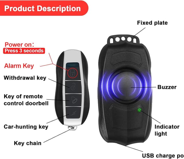 Detalle 2 de Bike Alarm with Remote, USB Rechargeable Waterproof 120dB Anti-Theft Vibration Sensor Alarm