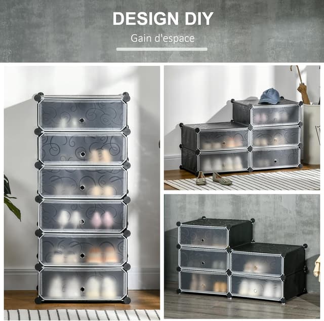 Detalle de HOMCOM Armoire à chaussures modulable avec 6 cubes empilables, 12 paires, 49 x 36,5 x 108 cm, noir