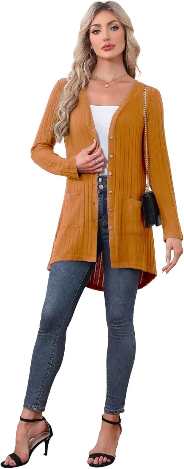 Detalle de YGJIEGENG Women’s Long Sleeve Open-Front Cardigan with Pockets, Ribbed Knit (M–3XL)