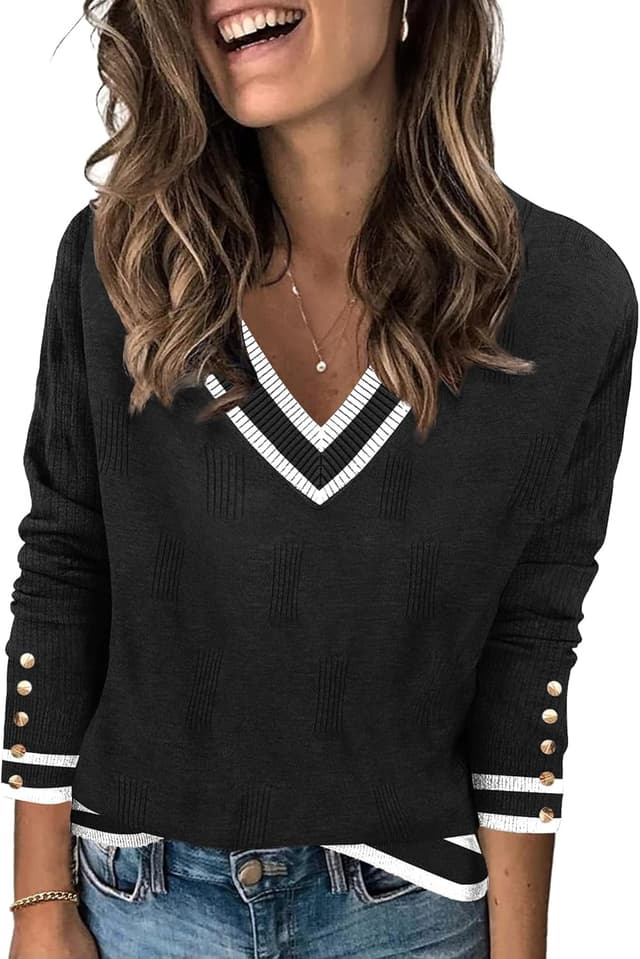 Detalle 2 de Zeagoo V Neck Ribbed Pullover Sweater Tops