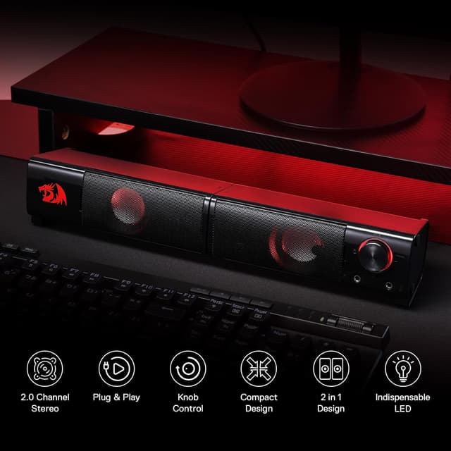 Detalle 2 de Redragon GS550 Orpheus 2.0 Channel PC Gaming Sound Bar Speakers (USB powered, 3.5mm, red backlit)