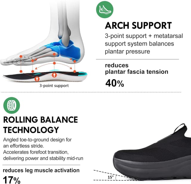 Detalle de JACKSHIBO Mens Slip-On Wide Toe Box Trainers with Arch Support & Zero Drop Sole