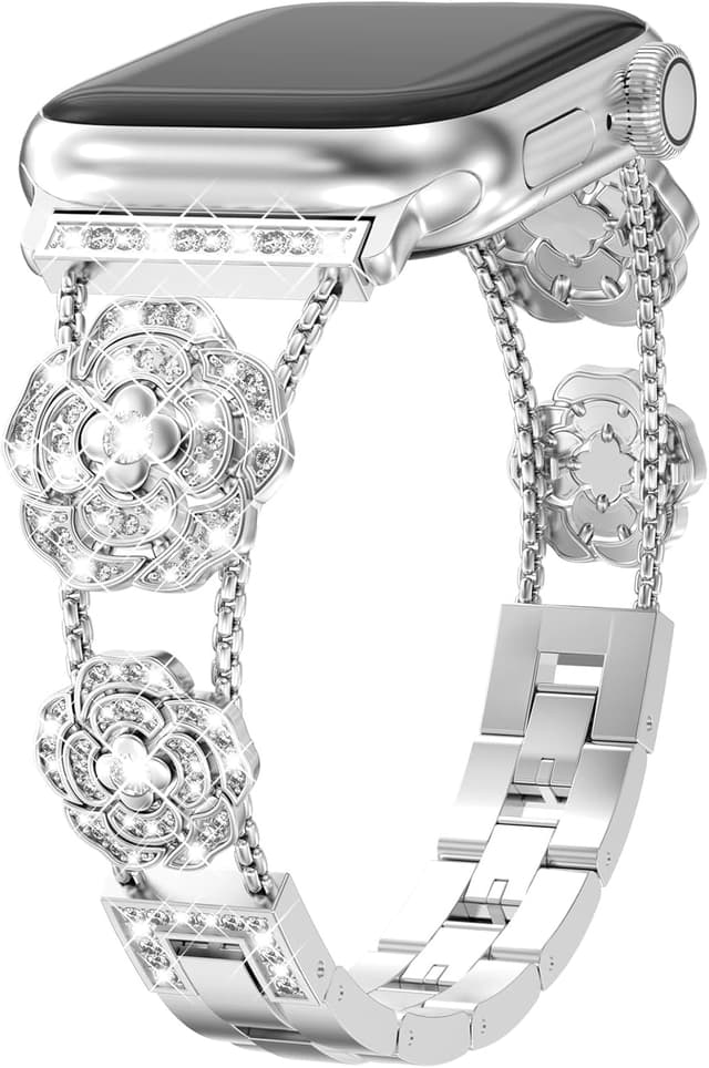Detalle de Fullife bling metal strap for Apple Watch (38–46mm) – 316L stainless steel camellia design