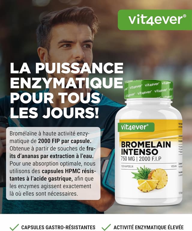 Detalle 2 de Bromélaïne Intenso 750 mg (2000 F.I.P) – 120 gélules gastro-résistantes, extrait naturel d’ananas