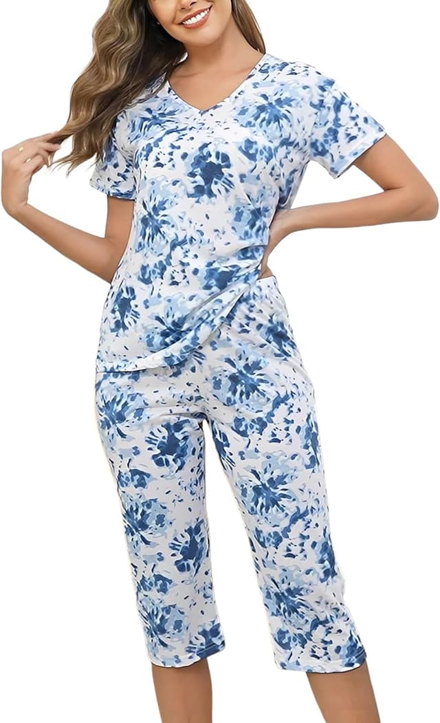 Detalle de Inadays Women’s Cotton Pajama Sets (Short Sleeve Top + Capri Pants) – 2-Piece Summer Lounge Set