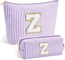 Detalle de SEFORICO personalised initial make up bag set (2 pack) – gold glitter chenille letter cosmetic pouches