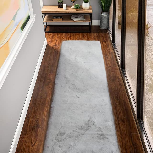 Detalle de ORINOVA Flauschiger Teppich-Läufer 60 × 305 cm in Grau (Kunstfell, waschbar)